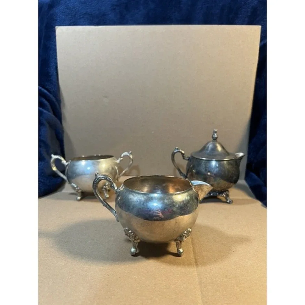 Silver silverplate Footed sugar and creamer vintage Double Handle (set‎ of 3)
